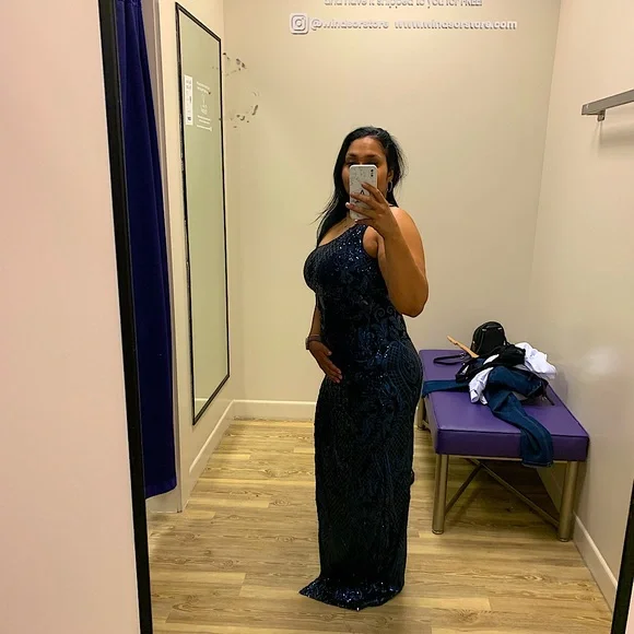 Windsor | Dresses | Windsor Lrg Blckblue Sequin Dress One Shoulder Zips Up  And Very Long Im 54 | Poshmark